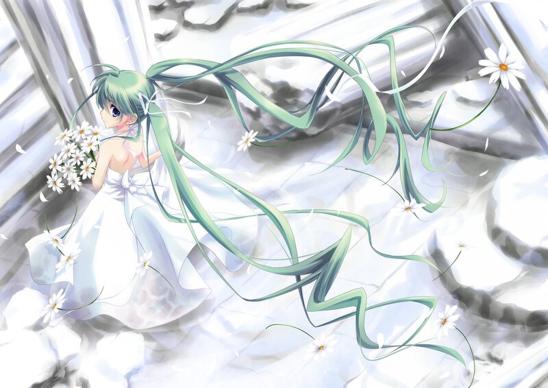 green-haired girl with daisies