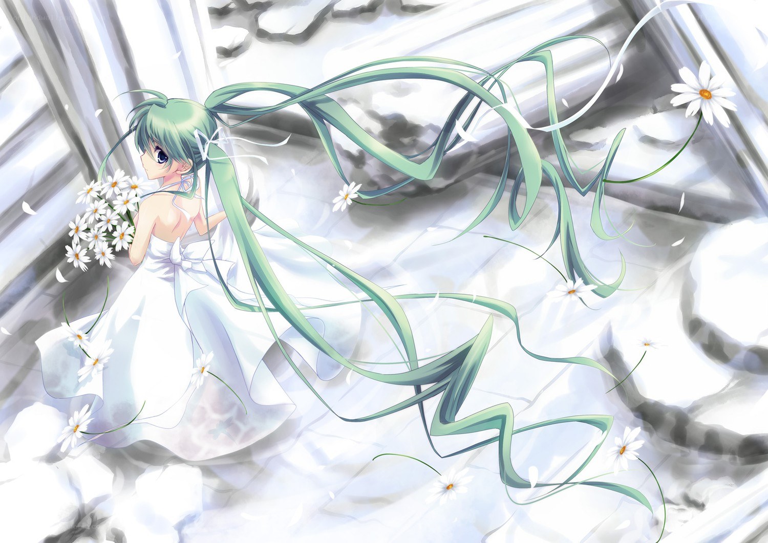 green-haired girl with daisies
