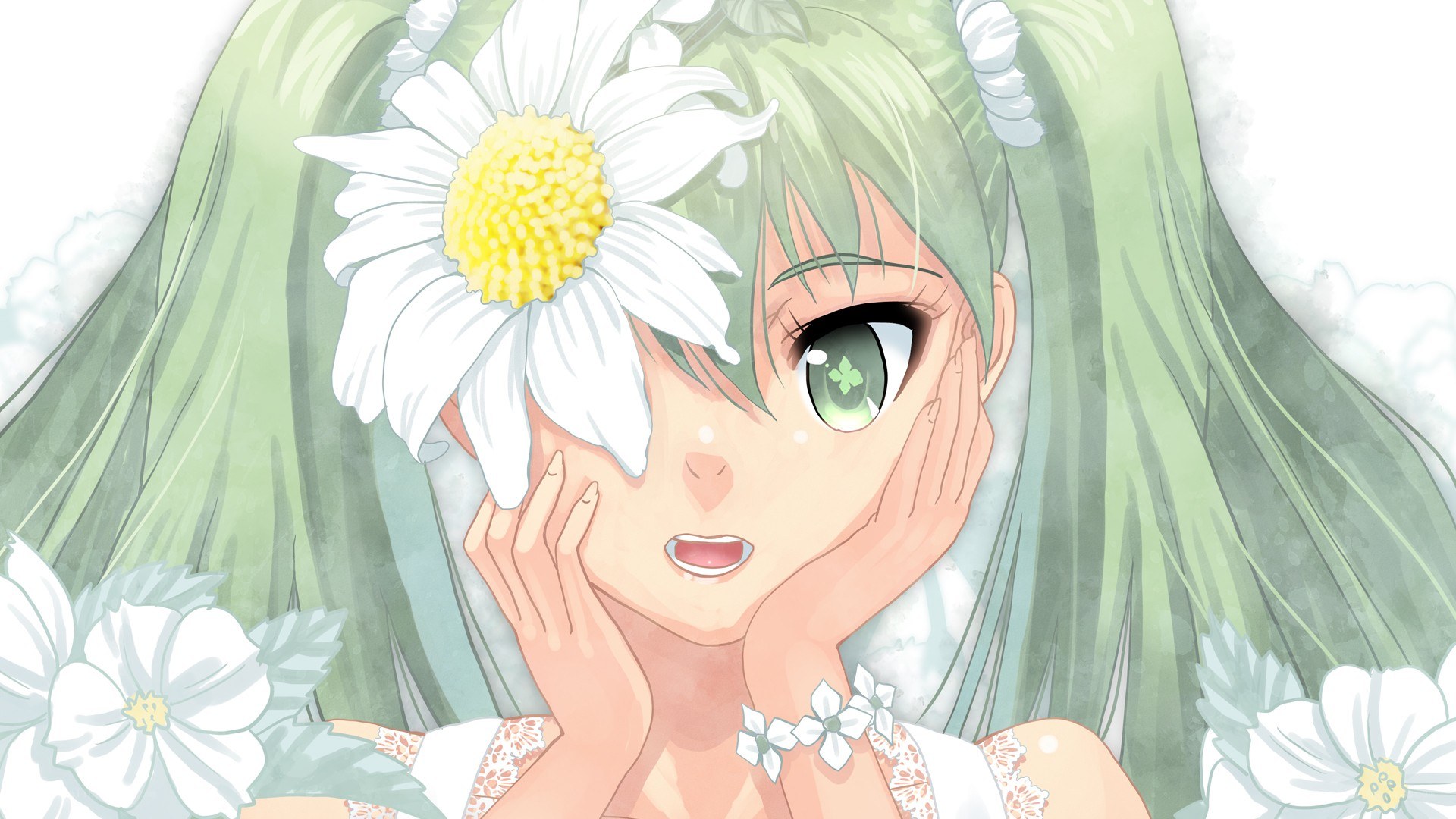 green-haired girl with daisy