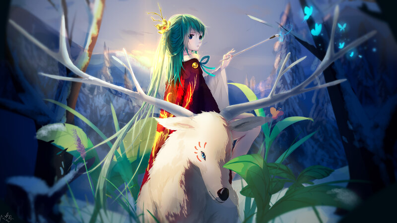 Green-haired Girl with Deer — Blue