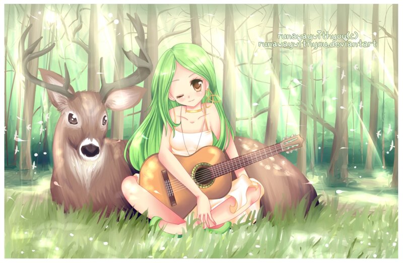 Green-haired Girl with Deer — Green, Serene
