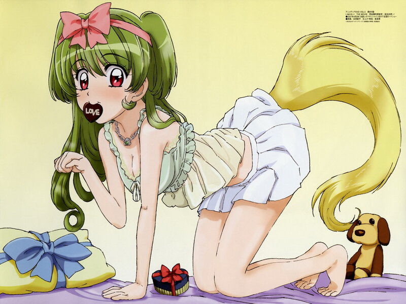 green-haired girl with dog toy