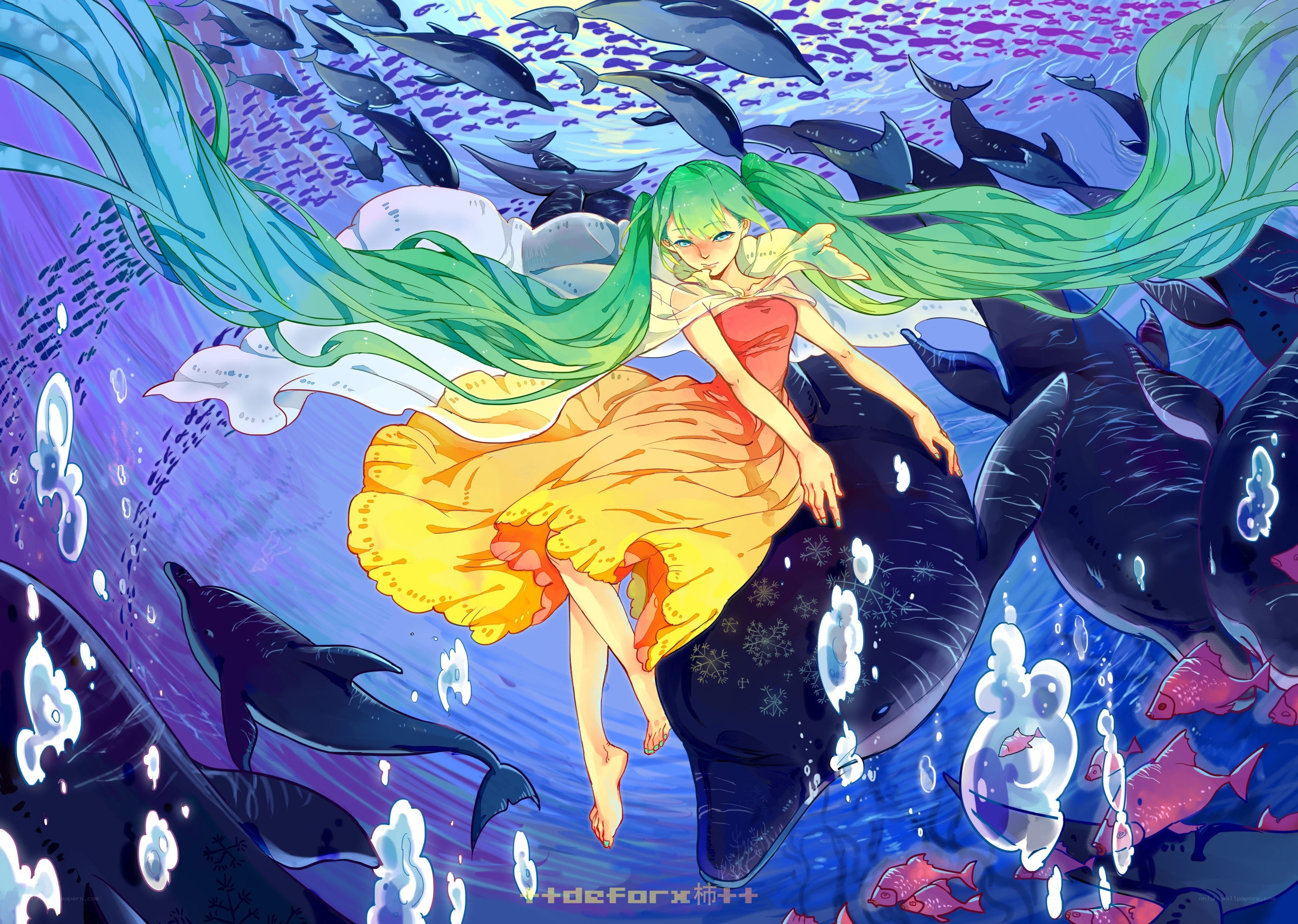 green-haired girl with dolphins