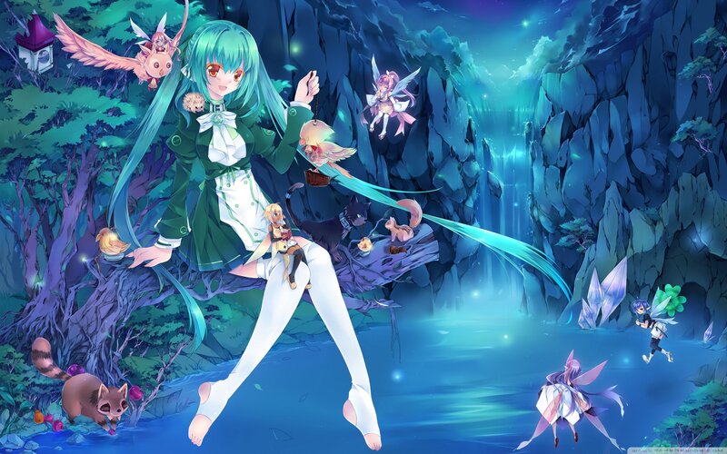 Green-haired Girl with Fairies — Blue, Magical, Night, Digital Art