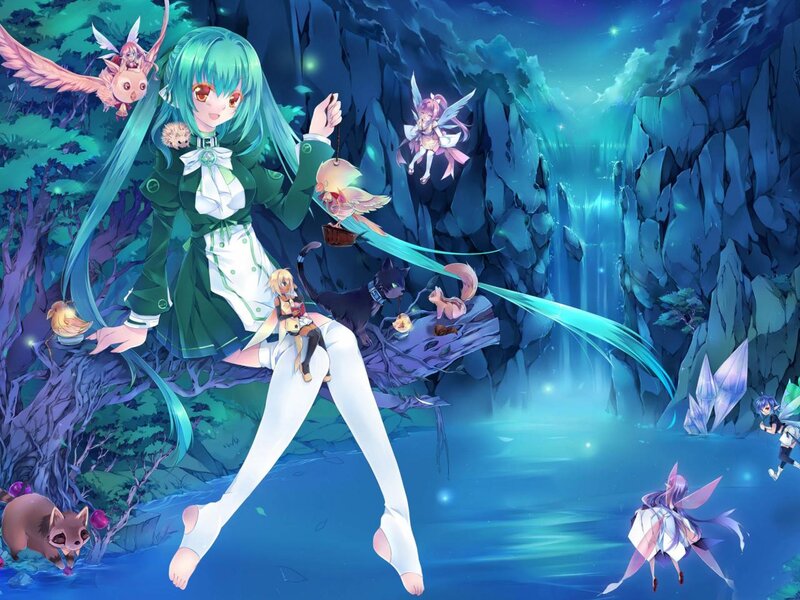 Green-haired Girl with Fairies — Blue, Serene