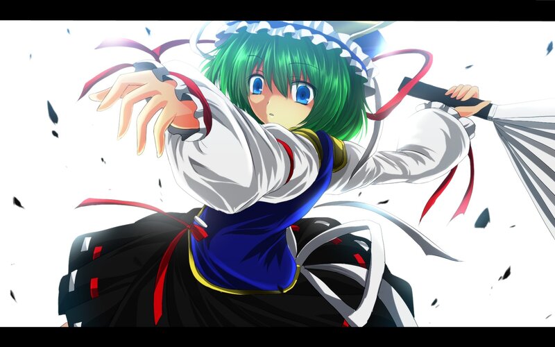green-haired girl with fan