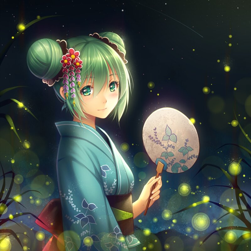 Green-haired Girl with Fan — Green