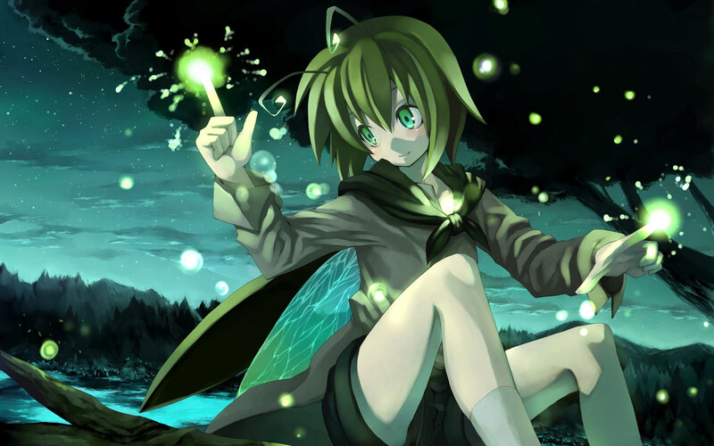 Green-haired Girl with Fireflies
