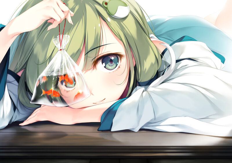 Green-haired Girl with Fish — Green, Calm, Anime, Goldfish