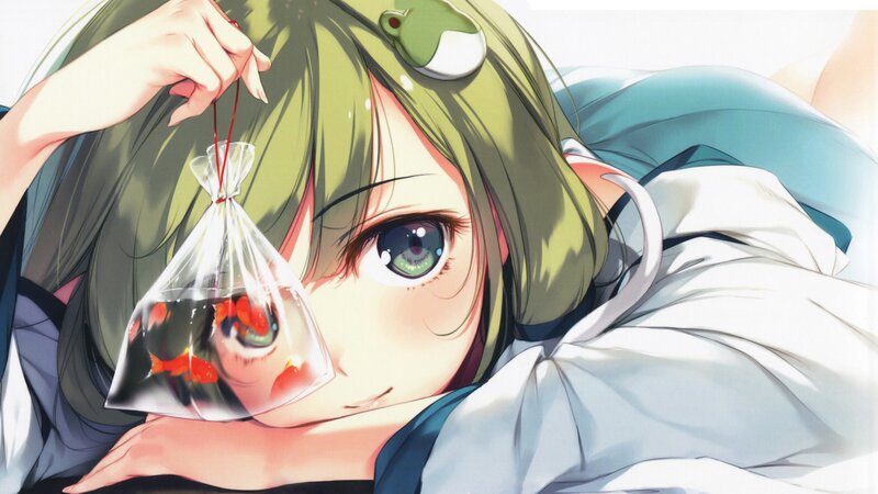 Green-haired Girl with Fish — Green, Calm, Anime