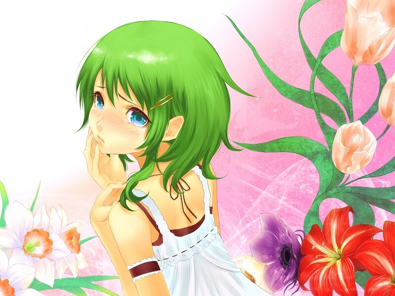 green-haired girl with flowers