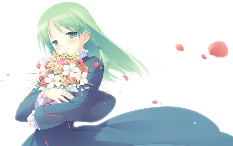 green-haired girl with flowers