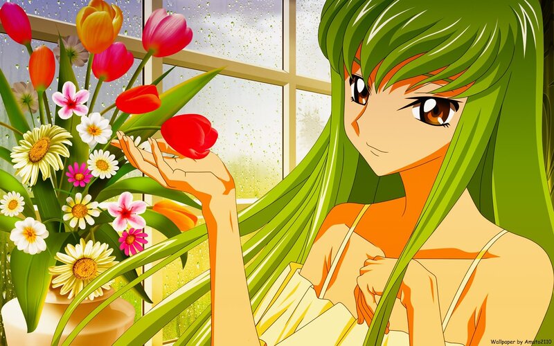 Green-haired girl with flowers