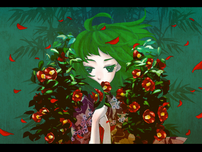 green-haired girl with flowers