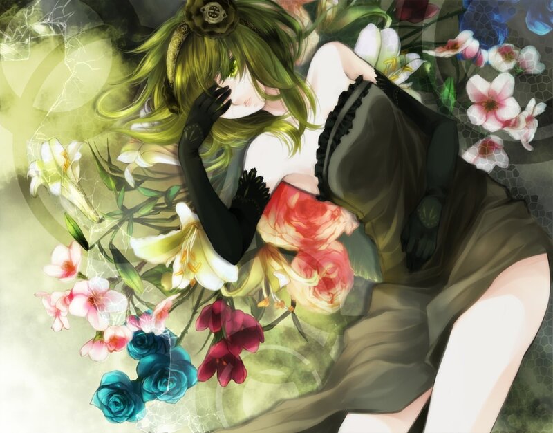 green-haired girl with flowers