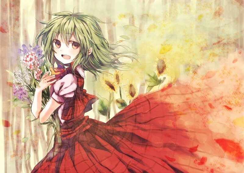 Green-haired girl with flowers