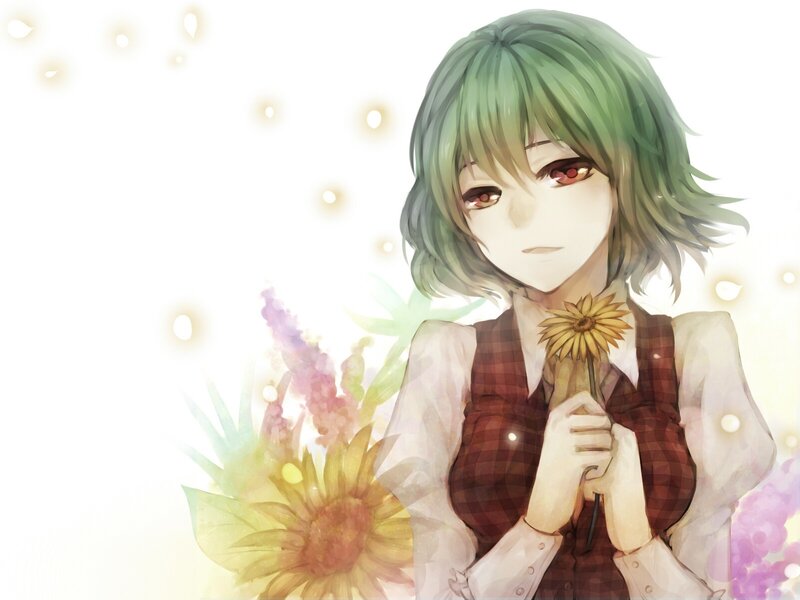 green-haired girl with flowers