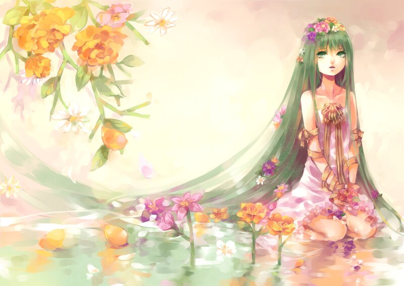 green-haired girl with flowers