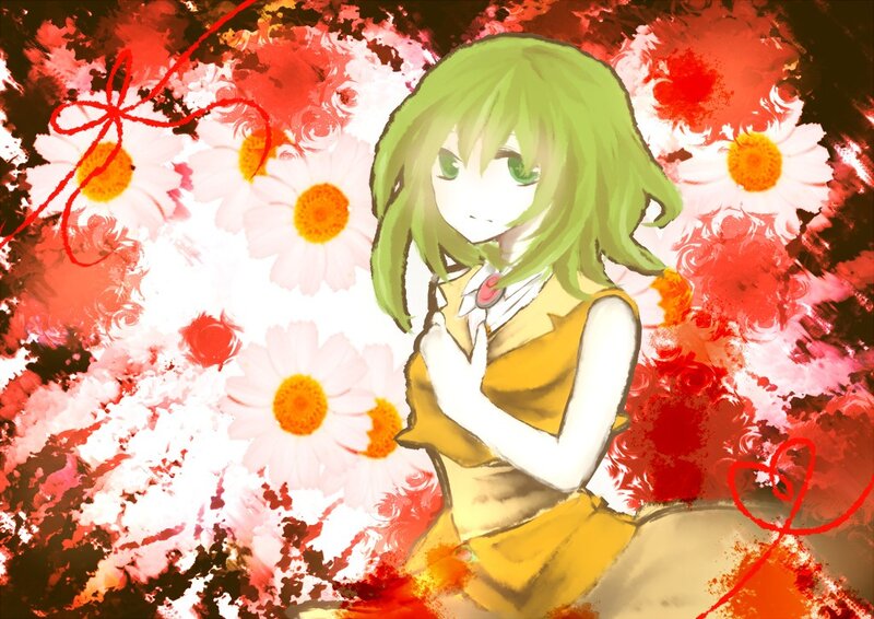 green-haired girl with flowers