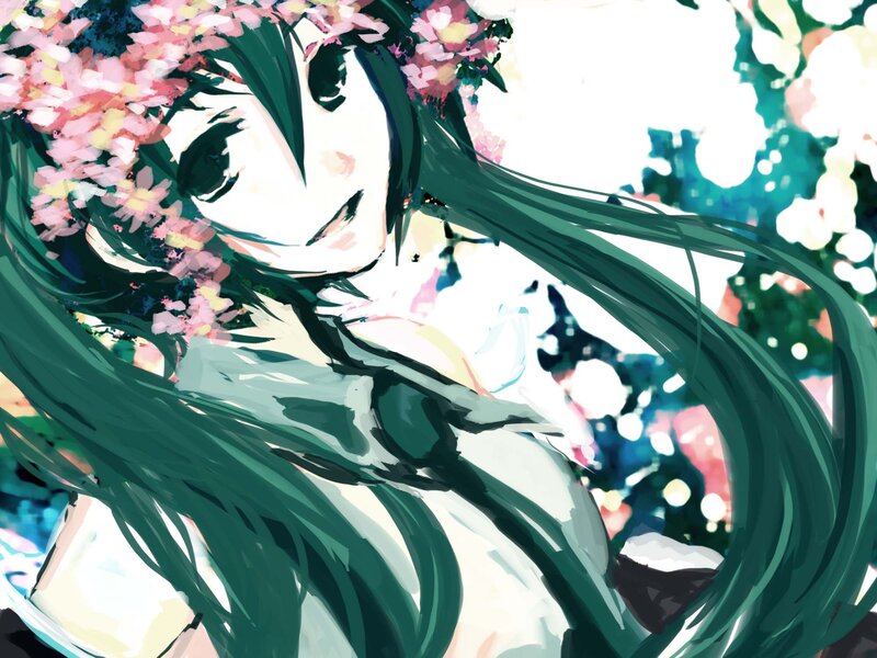 green-haired girl with flowers