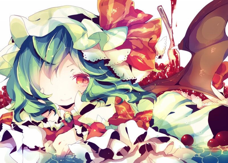 green-haired girl with flowers