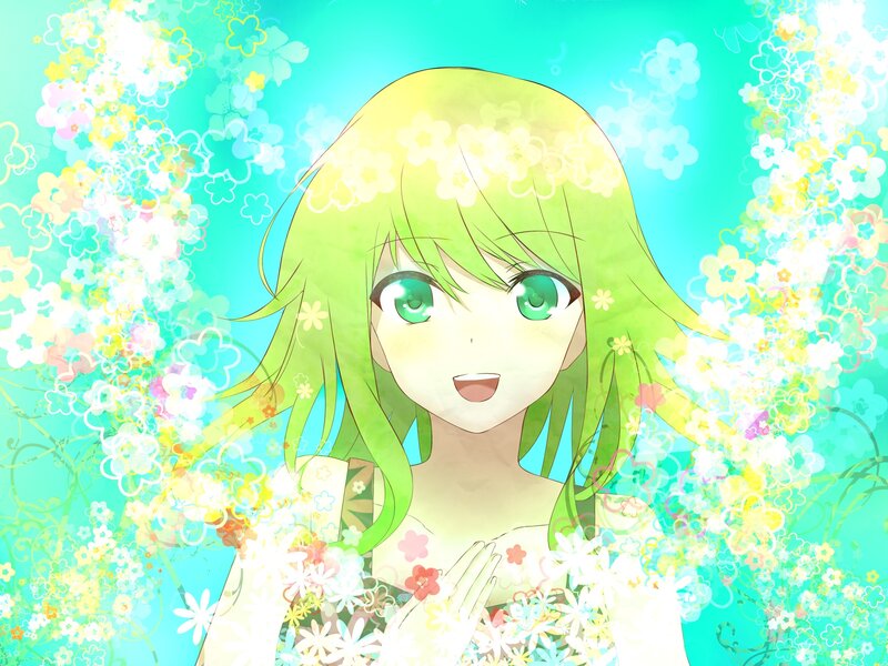 green-haired girl with flowers