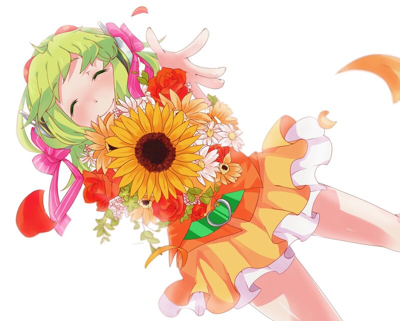 green-haired girl with flowers