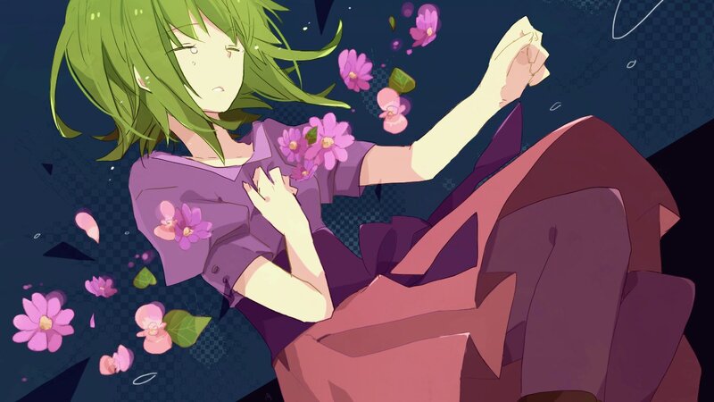 green-haired girl with flowers