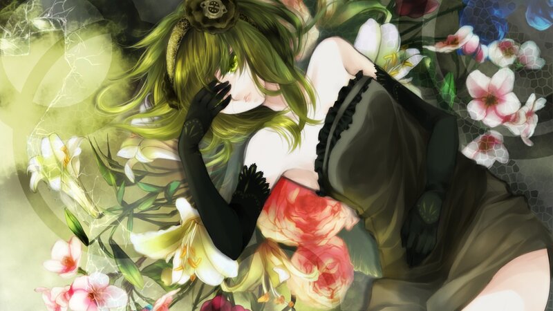 green-haired girl with flowers