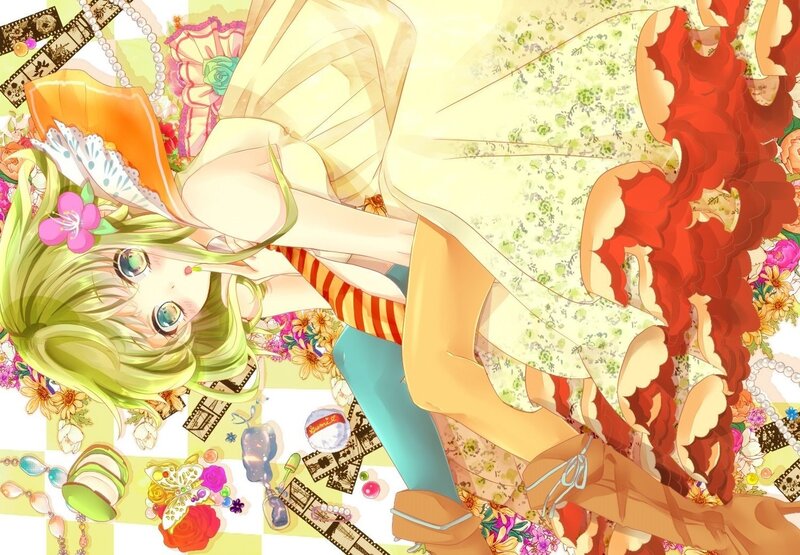 green-haired girl with flowers