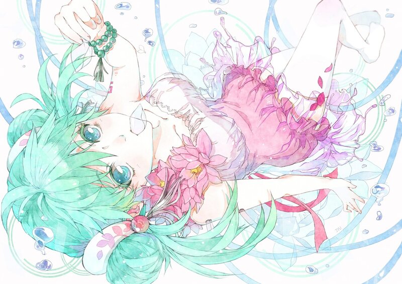 green-haired girl with flowers