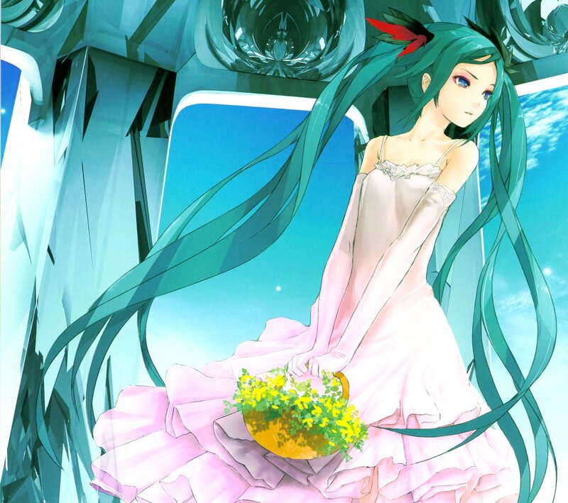 green-haired girl with flowers