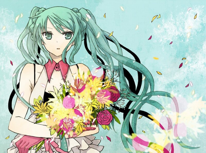 green-haired girl with flowers