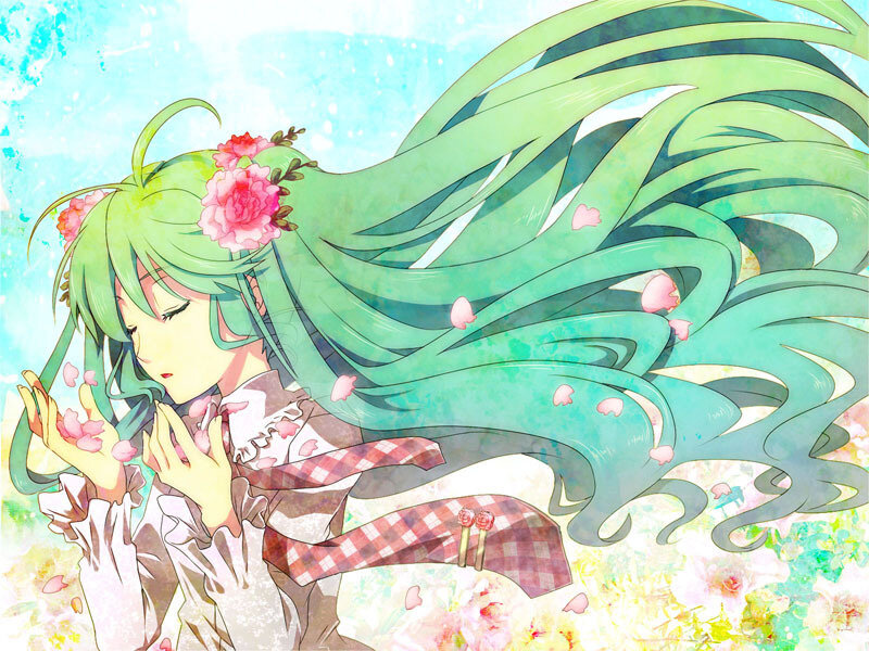green-haired girl with flowers