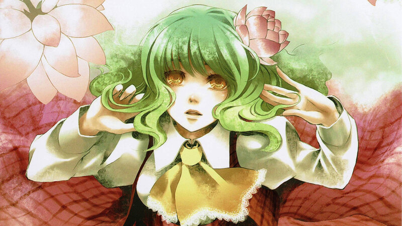 green-haired girl with flowers