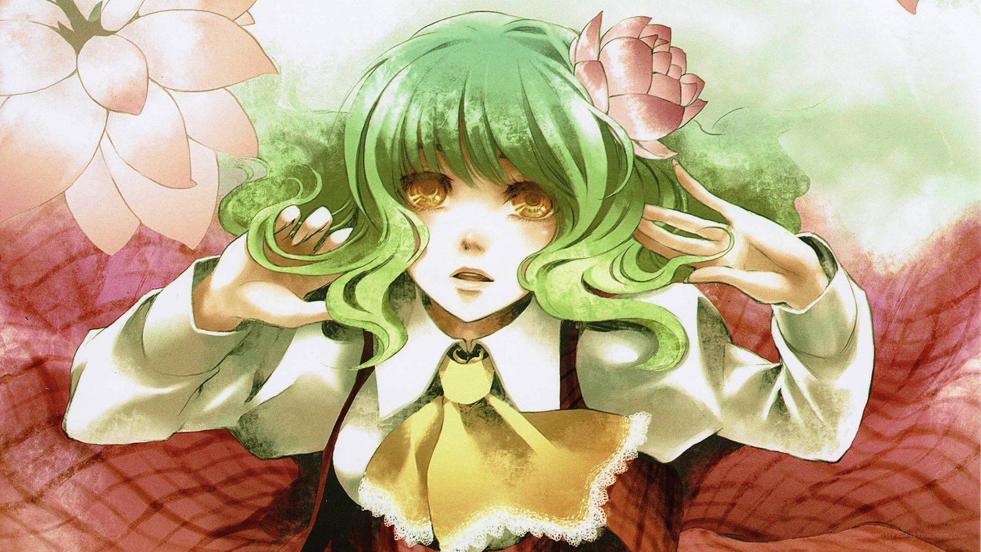 green-haired girl with flowers