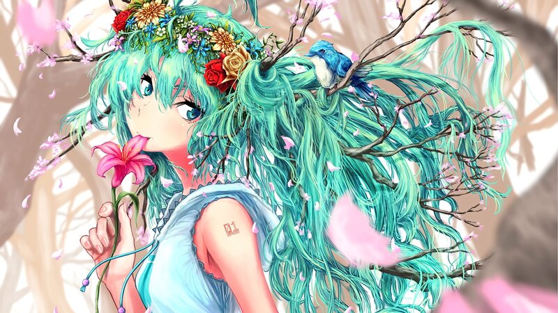 Green-haired Girl with Flowers — Cyan, Serene, Spring, Digital Art