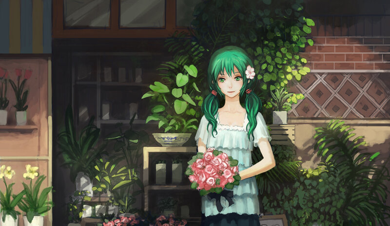 Green-haired Girl with Flowers — Green, Serene, Afternoon