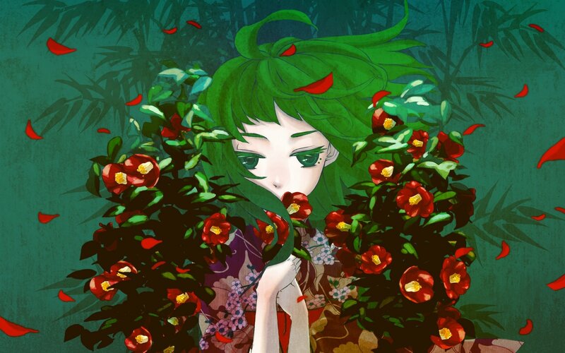 Green-haired Girl with Flowers — Green, Serene, Digital Art