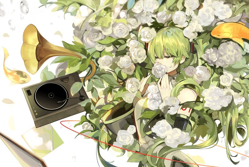 Green-haired Girl with Flowers — Green, Serene, Digital Art, Turntable