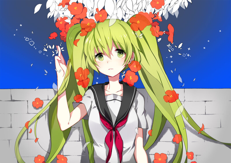 Green-haired Girl with Flowers — Green, Serene, Night, Anime