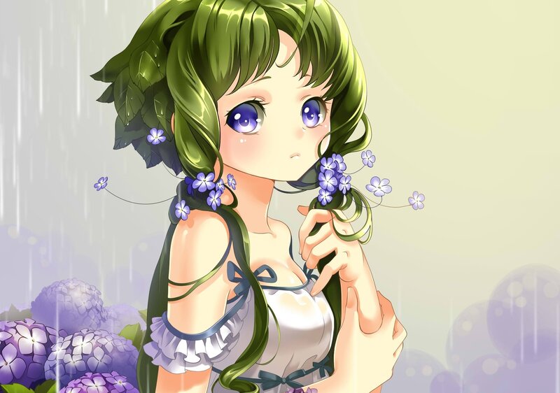 Green-haired Girl with Flowers — Green, Serene, Spring, Anime, Rain