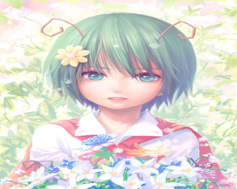 Green-haired Girl with Flowers — Green, Serene, Spring