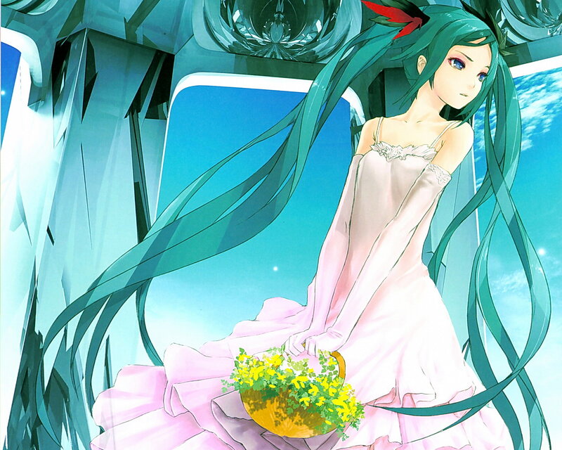 Green-haired Girl with Flowers — Pink, Serene, Anime