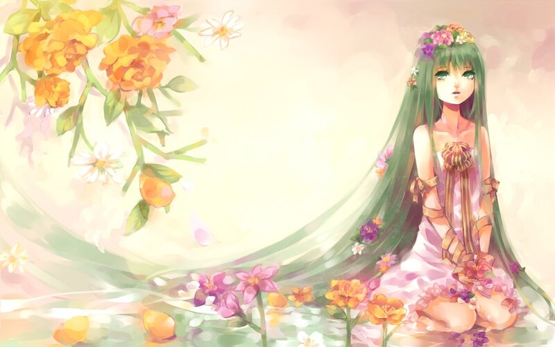 Green-haired Girl with Flowers — Pink, Serene