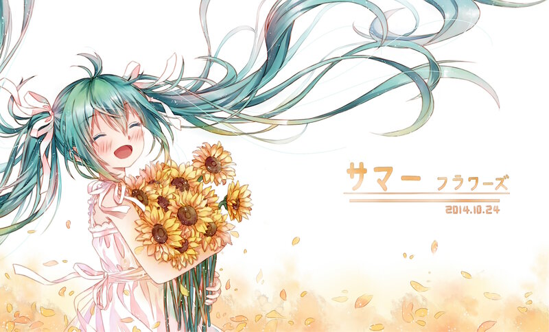 Green-haired Girl with Flowers — White, Cheerful