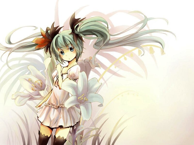 Green-haired Girl with Flowers — White