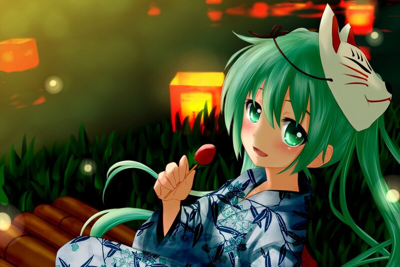 Green-haired Girl with Fox Mask