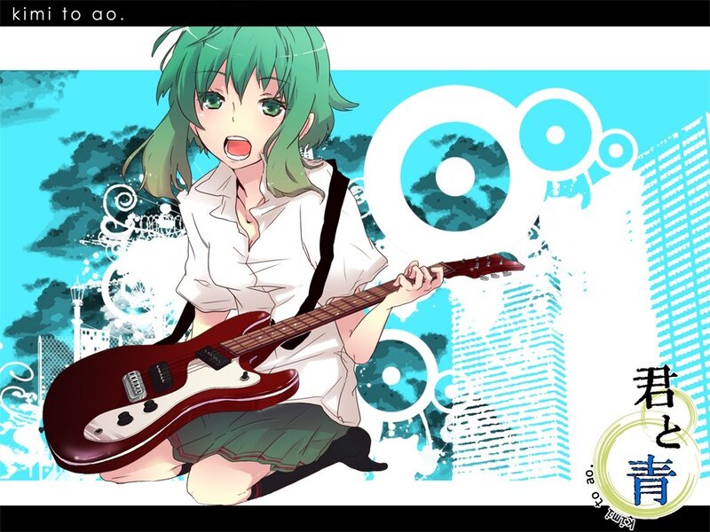 green-haired girl with guitar
