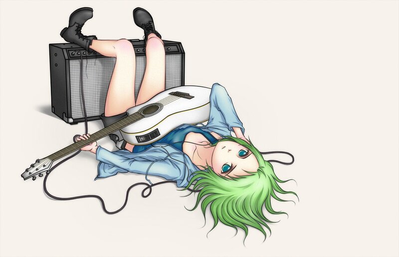 green-haired girl with guitar